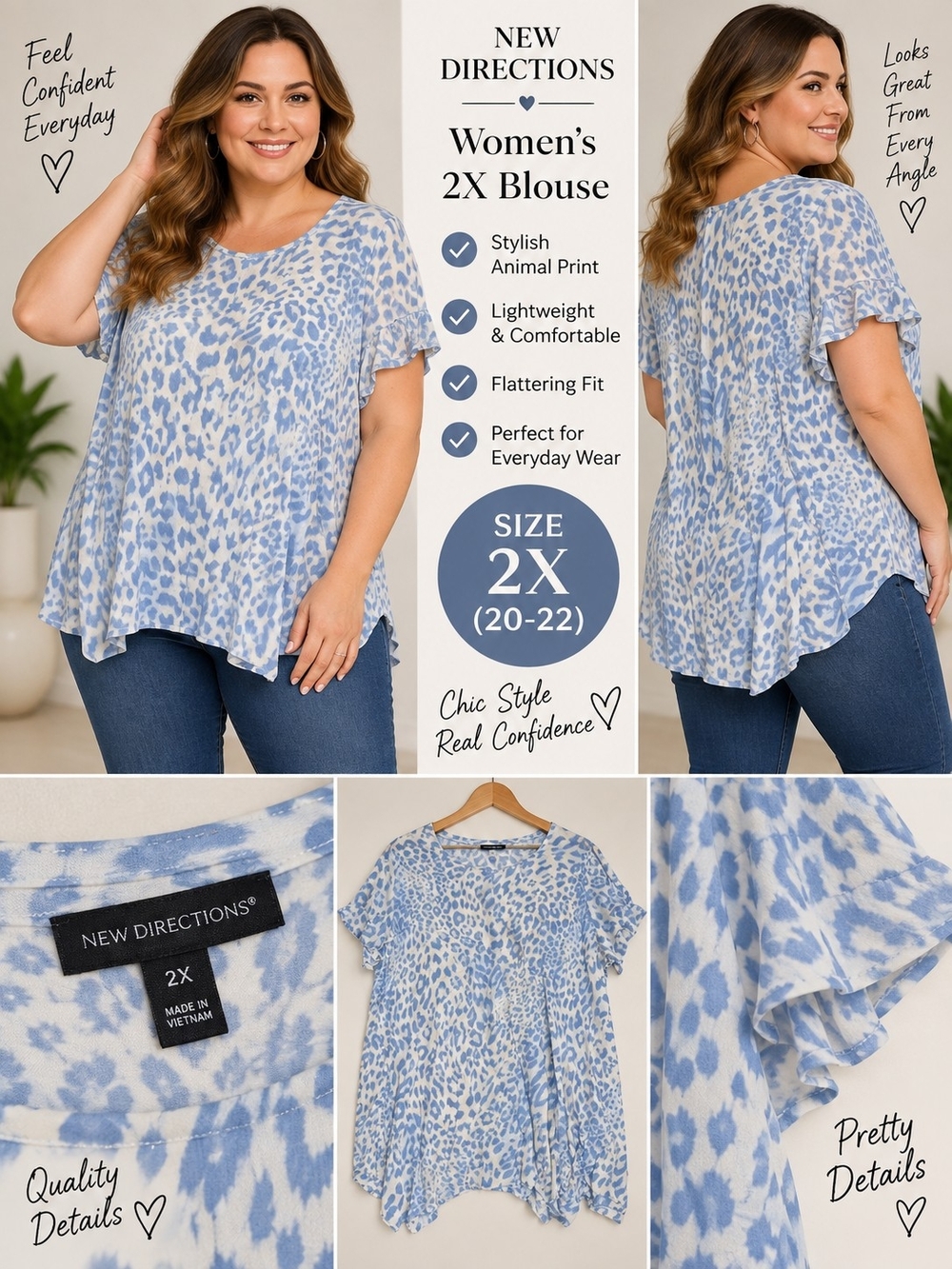 New directions Women's 2X blue animal print blouse #32